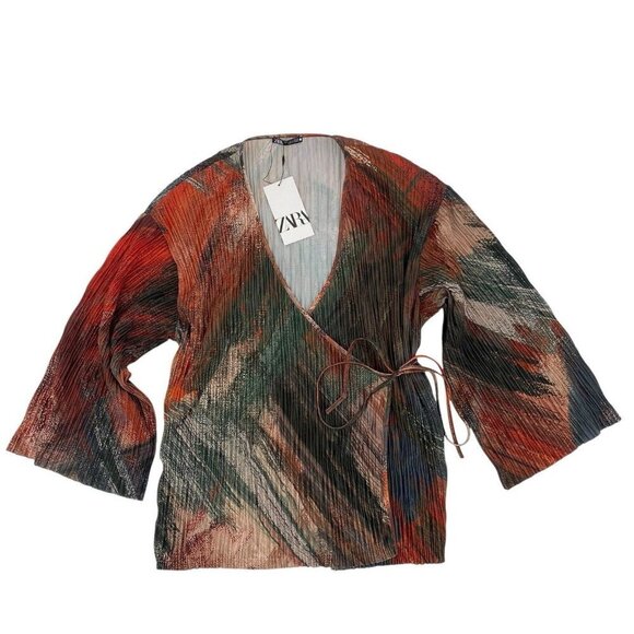 ZARA Women’s Size Small Pleated Kimono Wrap Top Orange Multi NWT - Picture 4 of 16